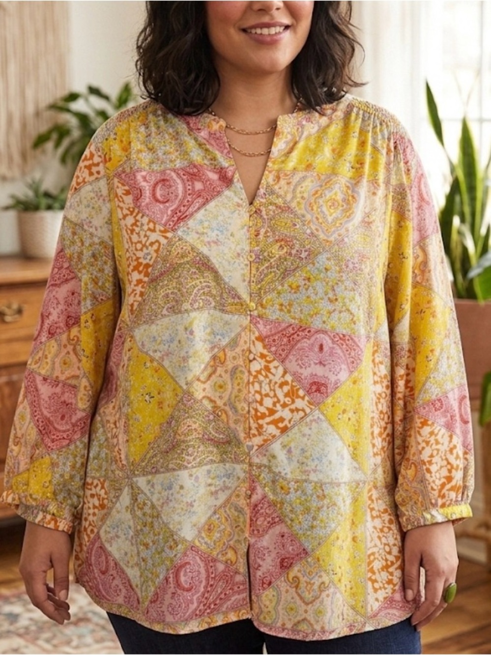 Rose +‎ Olive Patchwork Print Button Front Boho Tunic Top Blouse Plus Size 3X